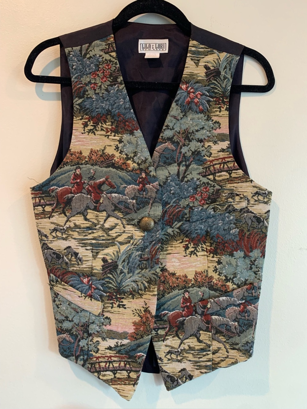 Vtg Lila & Lori New York Tapestry Vest Hunting Scene Equestrian Women's Medium